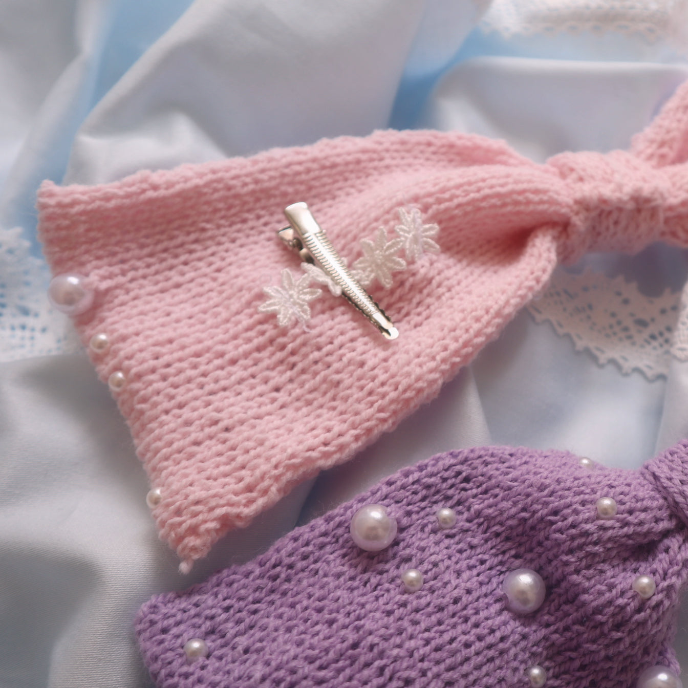 Pastel Ribbon Knit Headdress – Pink / Yellow / Purple